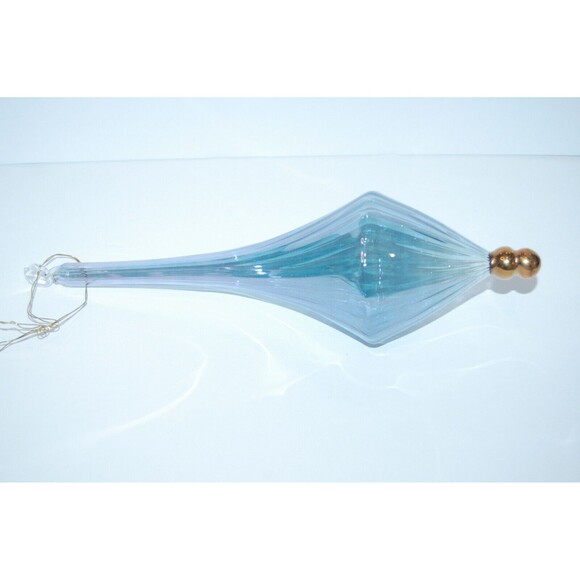 Large Vintage Light Blue And Gold Long Hand Blown Glass Christmas Ornament - Picture 2 of 2